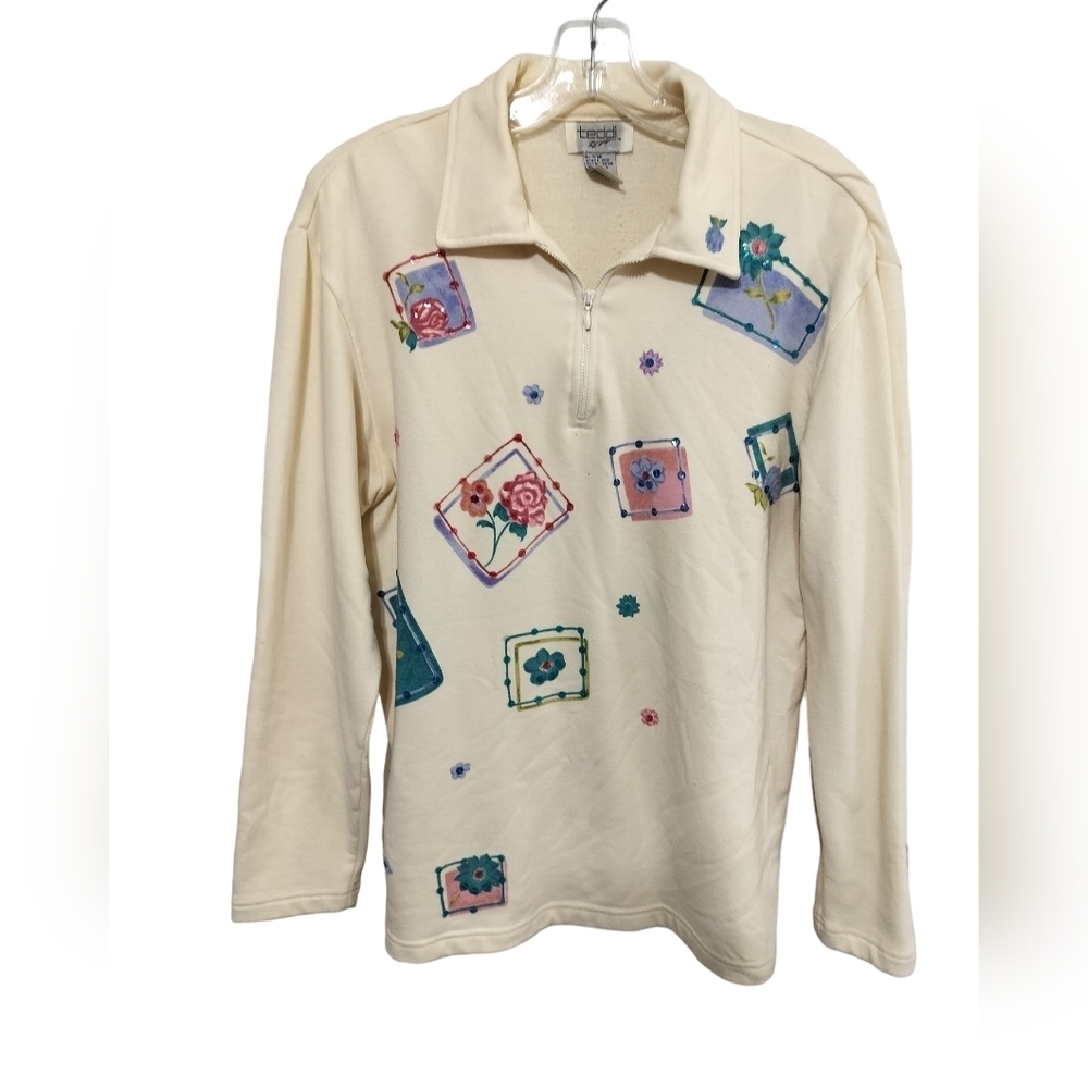 2202) Vintage Teddi Cream Floral Garden 1/4 Zip Grandma Sweatshirt Size Small